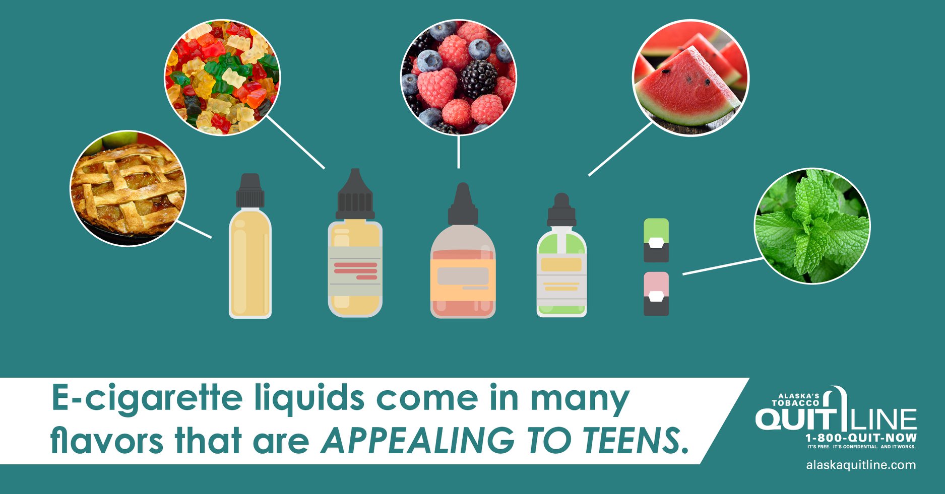 Illustration of different flavored e-cigarettes, including apple pie, gummy bears, berries, watermelon, and mint. The graphic reads, “E-cigarette liquids come in many flavors that are appealing to teens.”