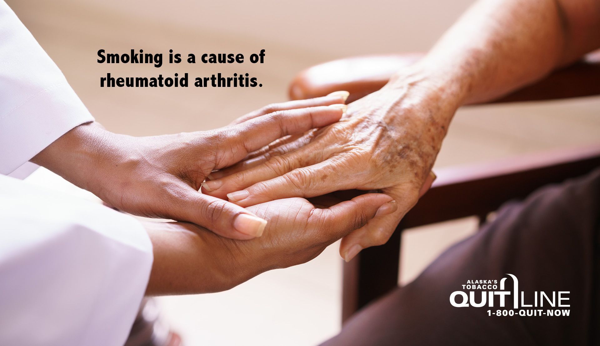 Two people holding hands. Graphic reads, “Smoking is a cause of rheumatoid arthritis.”