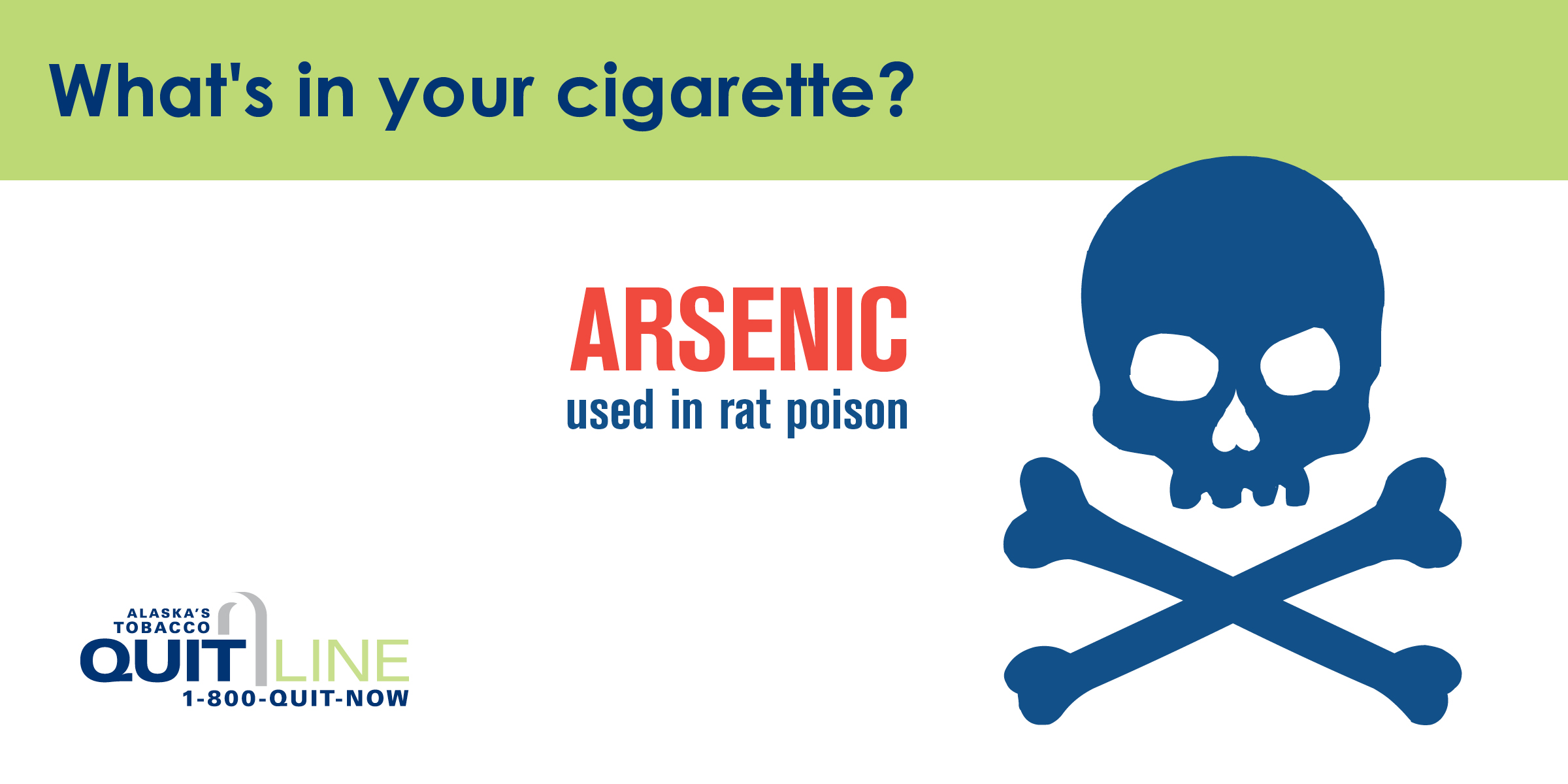 Illustration of a skull with the words “What’s in your cigarette? Arsenic used in rat poison.”