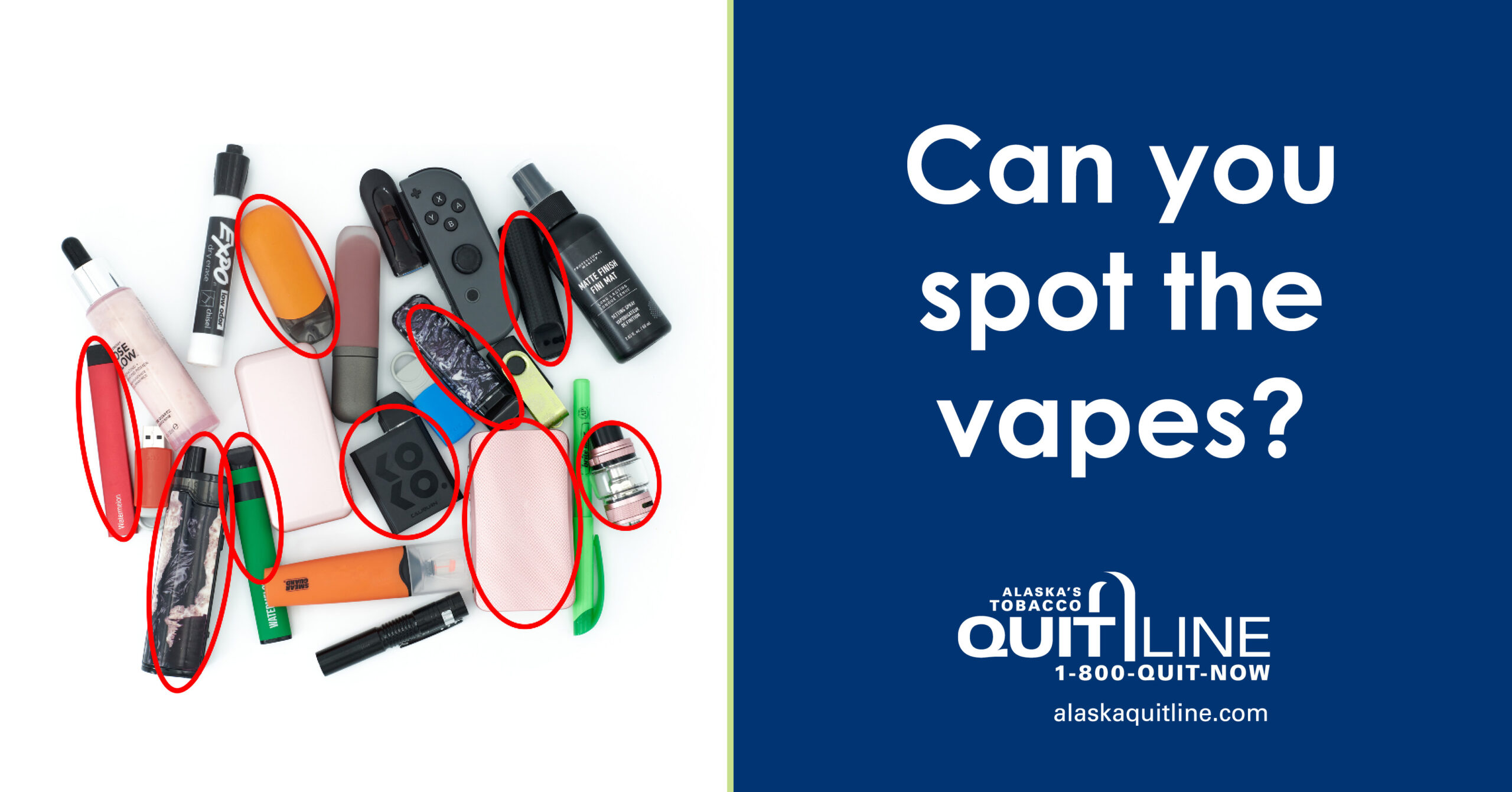 Photo of small items piled together with vapes circled in red. The graphic reads, “Can you spot the vapes?”