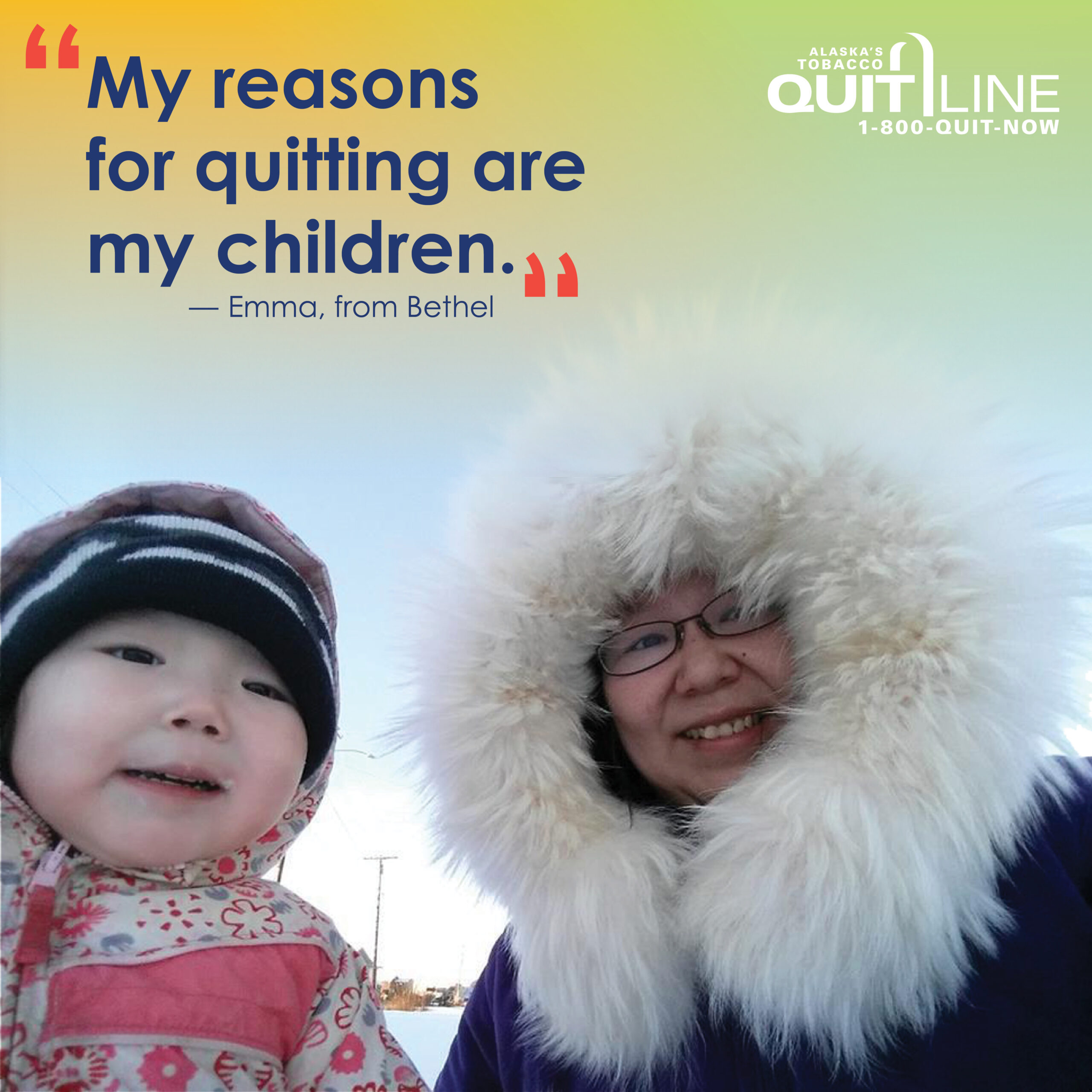 Emma from Bethel smiling with her child. Her quote reads, “My reasons for quitting are my children.”