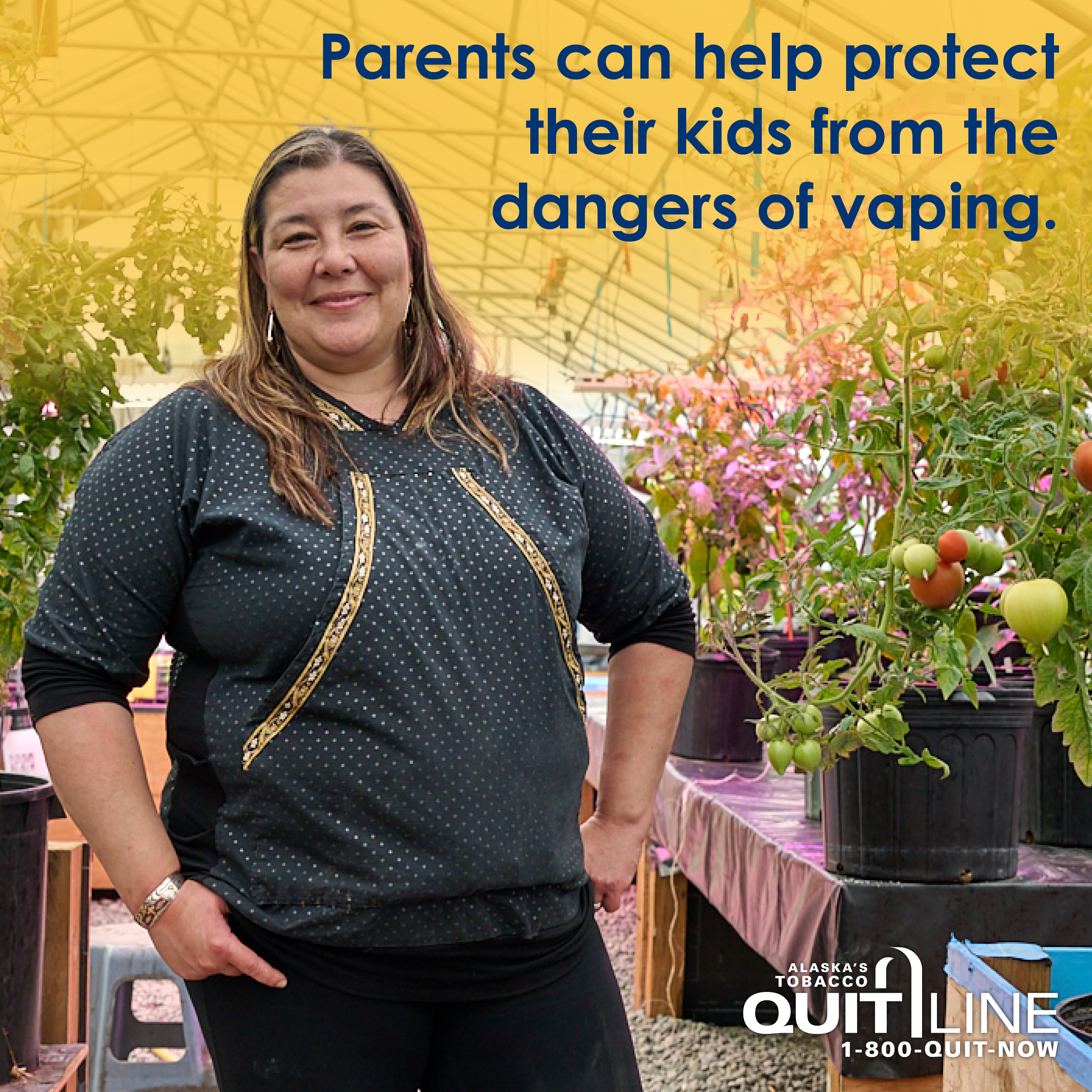 Photo of Brenda smiling in a greenhouse. The graphic reads, “Parents can help protect their kids from the dangers of vaping.”