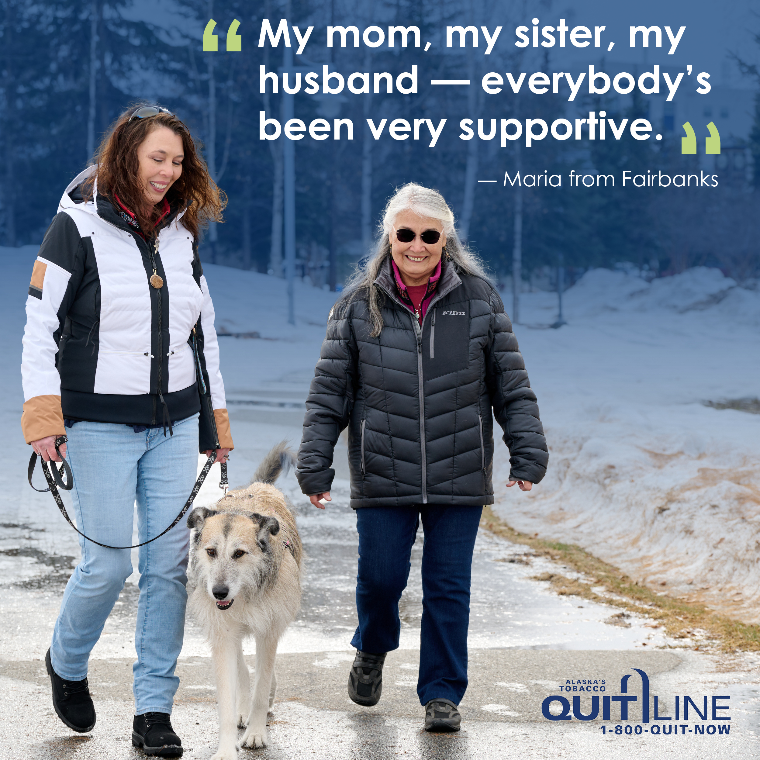Photo of Maria walking her dog with her mother. Her quote reads, “My mom, my sister, my husband - everybody’s been very supportive.”