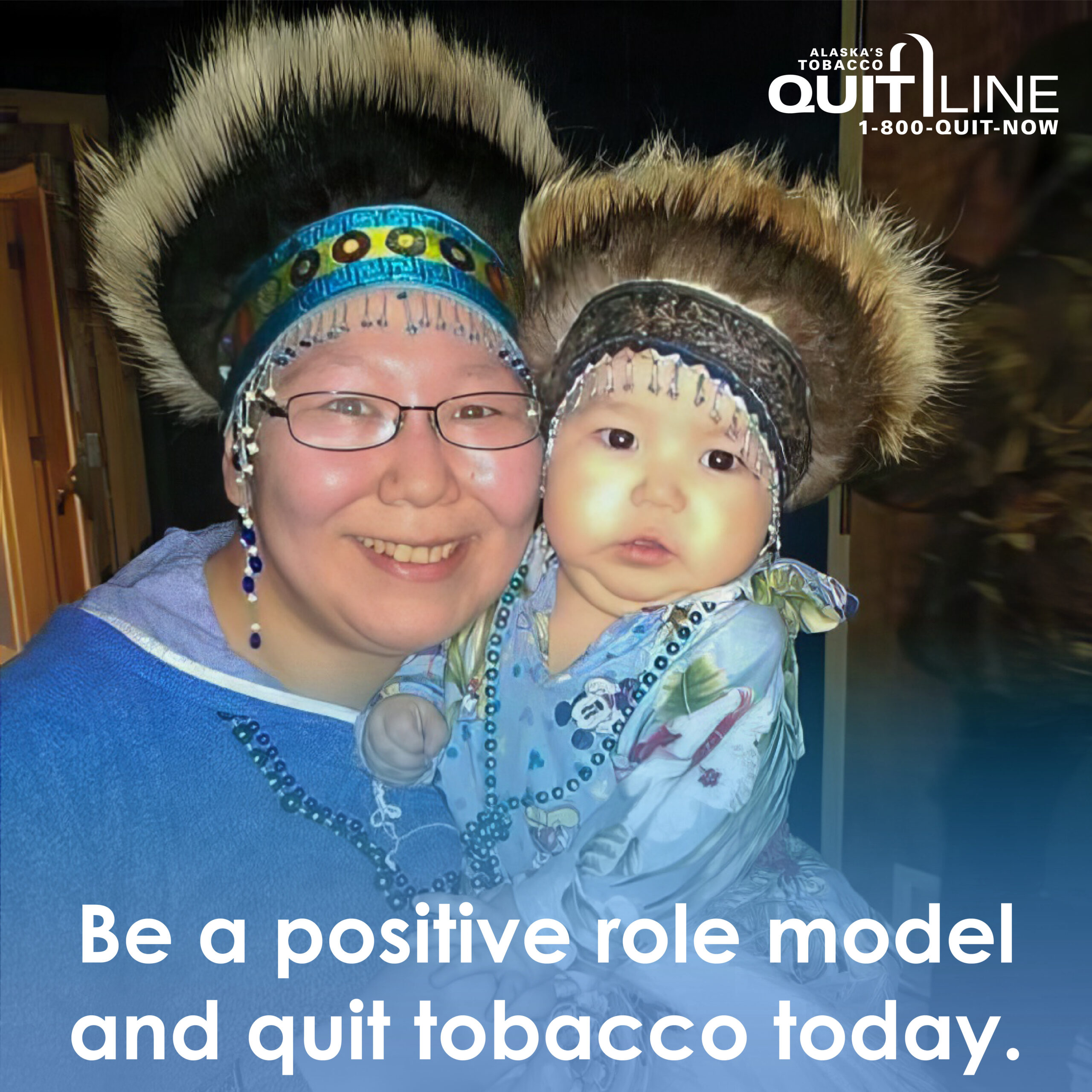 Emma from Bethel smiling while holding her child. Graphic reads, “Be a positive role model and quit tobacco today.”