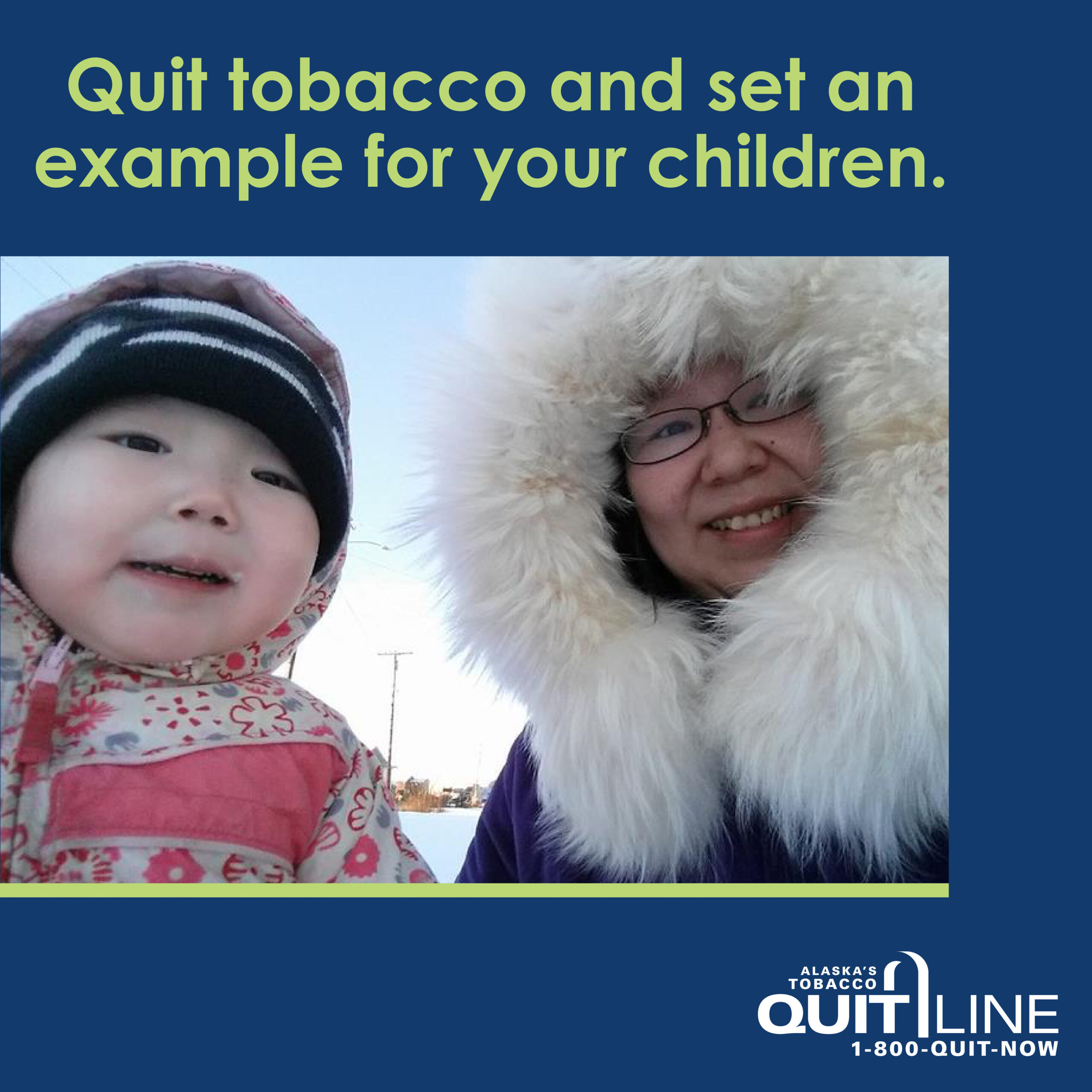 Emma from Bethel smiling with her child. Graphic reads, “Quit tobacco and set an example for your children.”