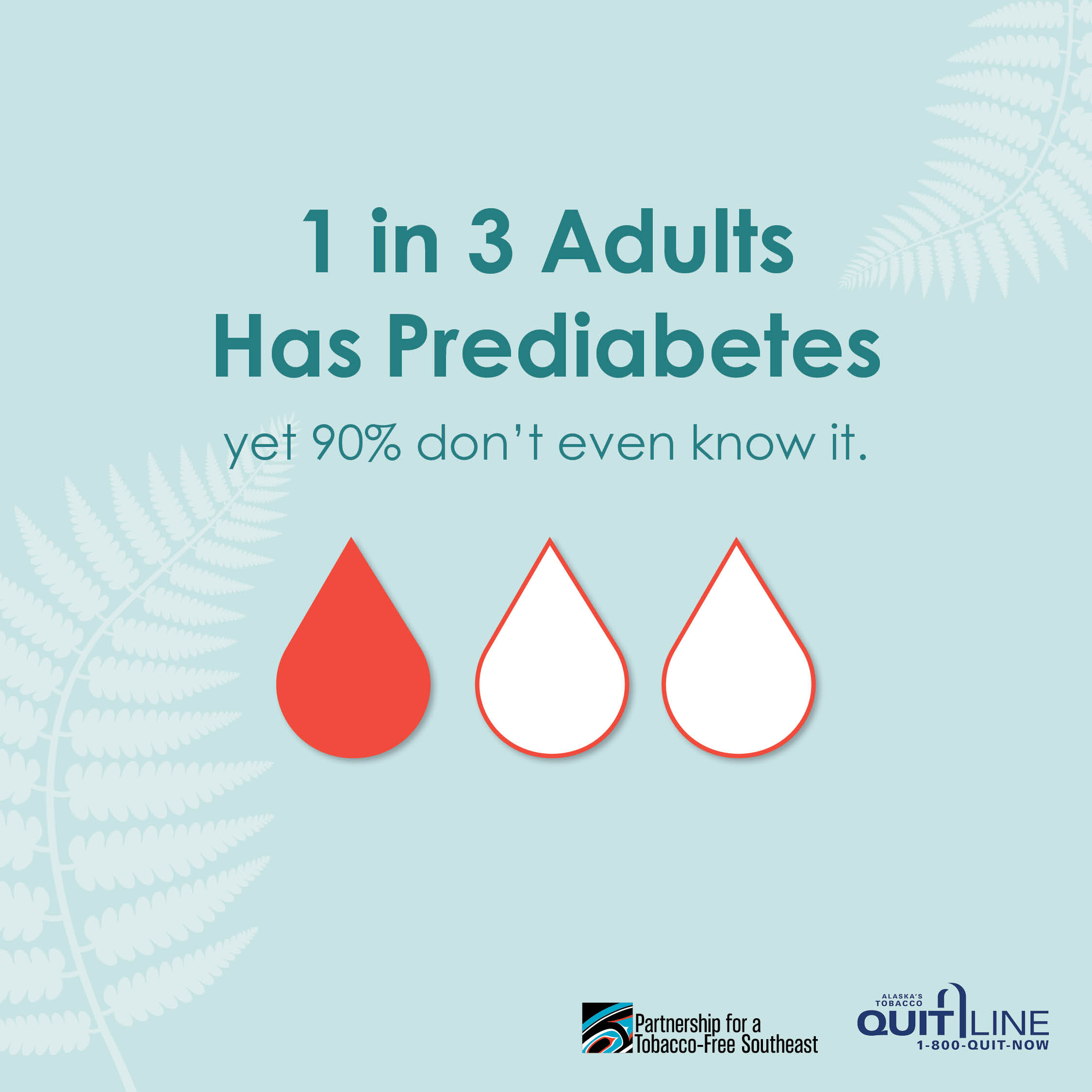 Illustration of three outlined droplets with one filled in red. The graphic reads, “1 in 3 adults has prediabetes yet 90% don’t even know it.”