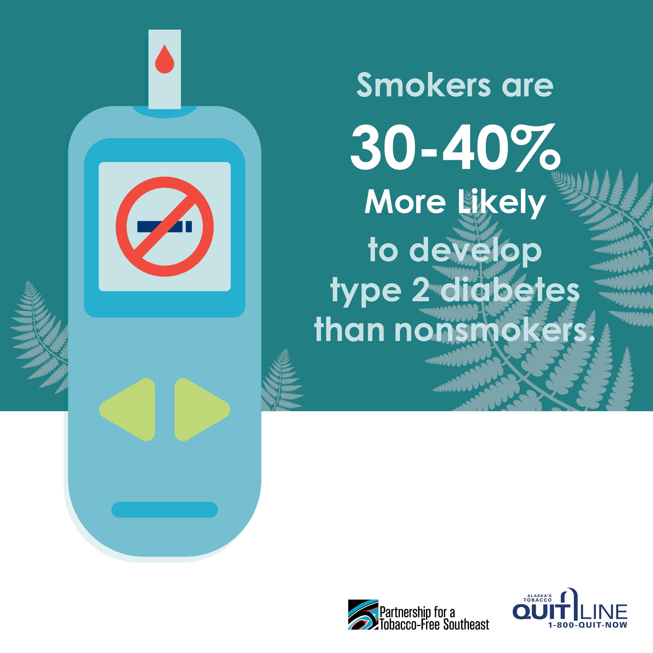 Illustration of a glucometer with a no smoking sign displayed on the screen. The graphic reads, “Smokers are 30-40% more Likely to develop type 2 diabetes than nonsmokers.”