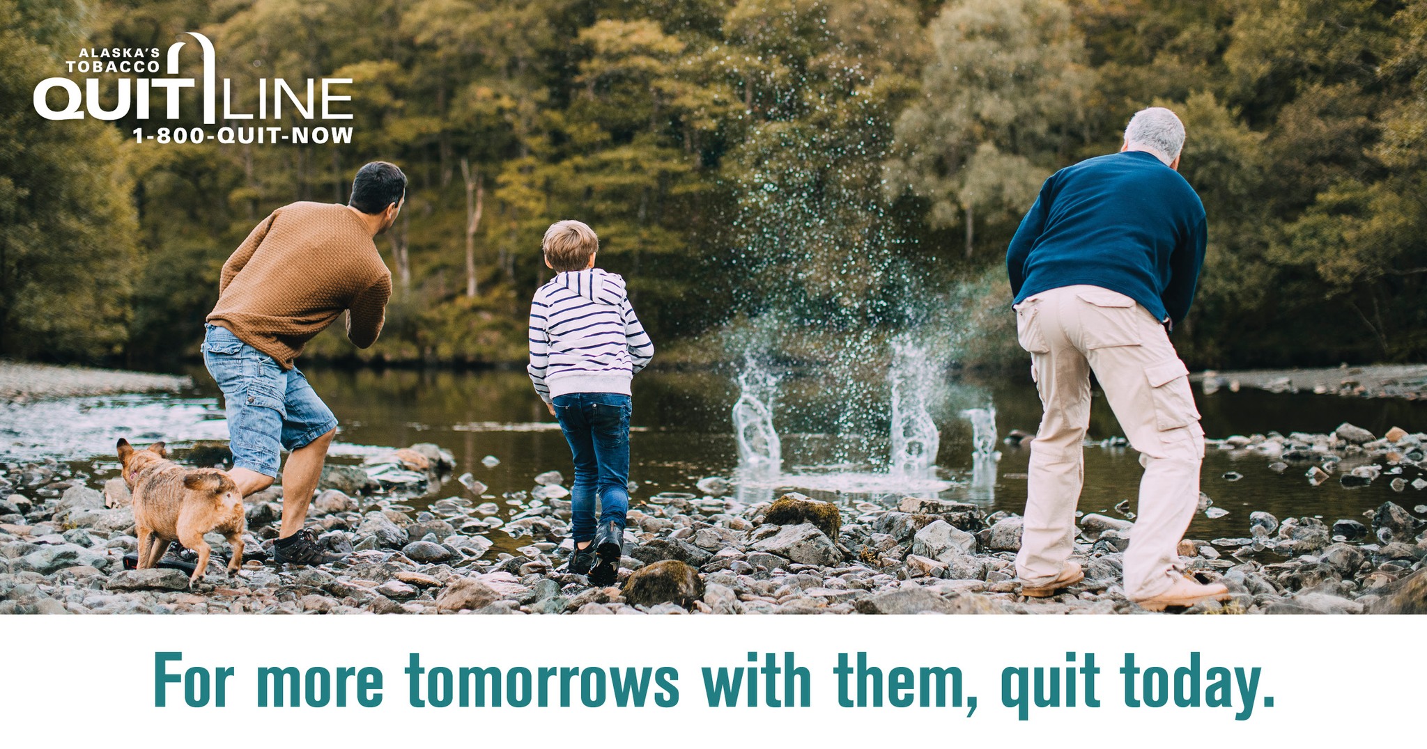 Grandfather, father, and son throwing rocks at a lake with the words “For more tomorrows with them, quit today.