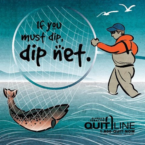 Illustration of man fishing with the words “If you must dip, dip net.”