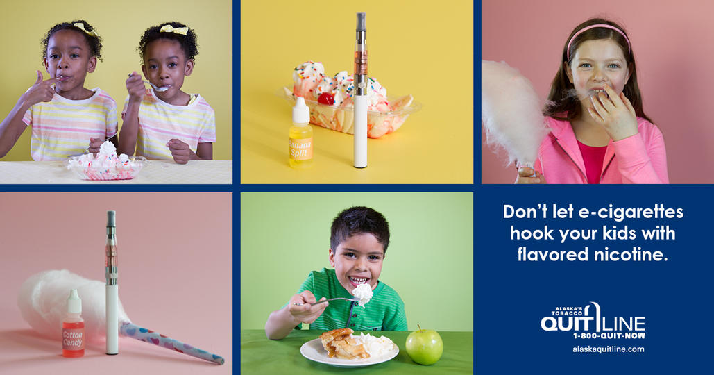 Photo collage of children eating candy and sweets with e-cigarettes nearby. The graphic reads, “Don’t let e-cigarettes hook your kids with flavored nicotine.”