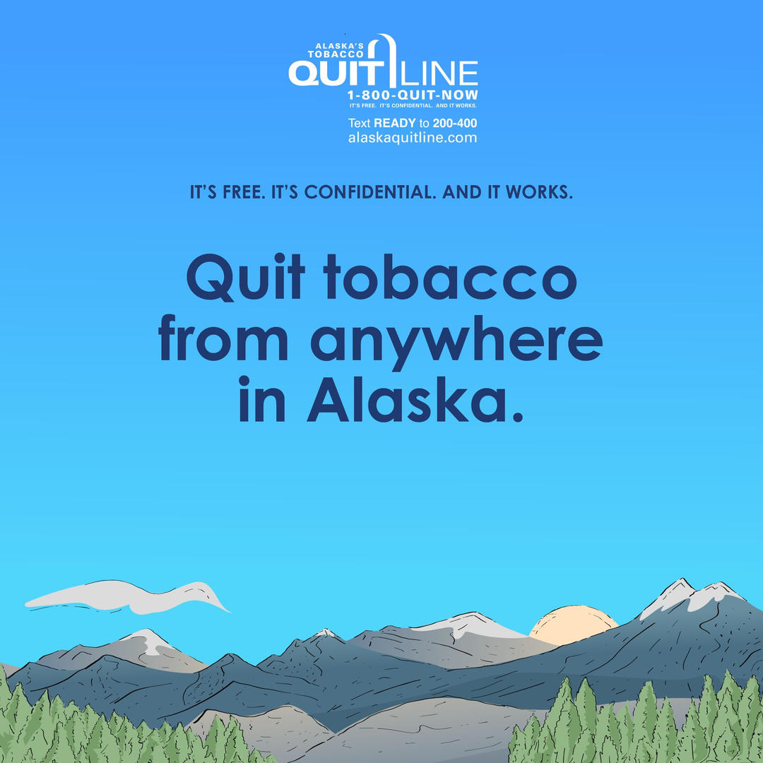 Illustration of Alaska’s wilderness with the words “Quit tobacco from anywhere in Alaska.”
