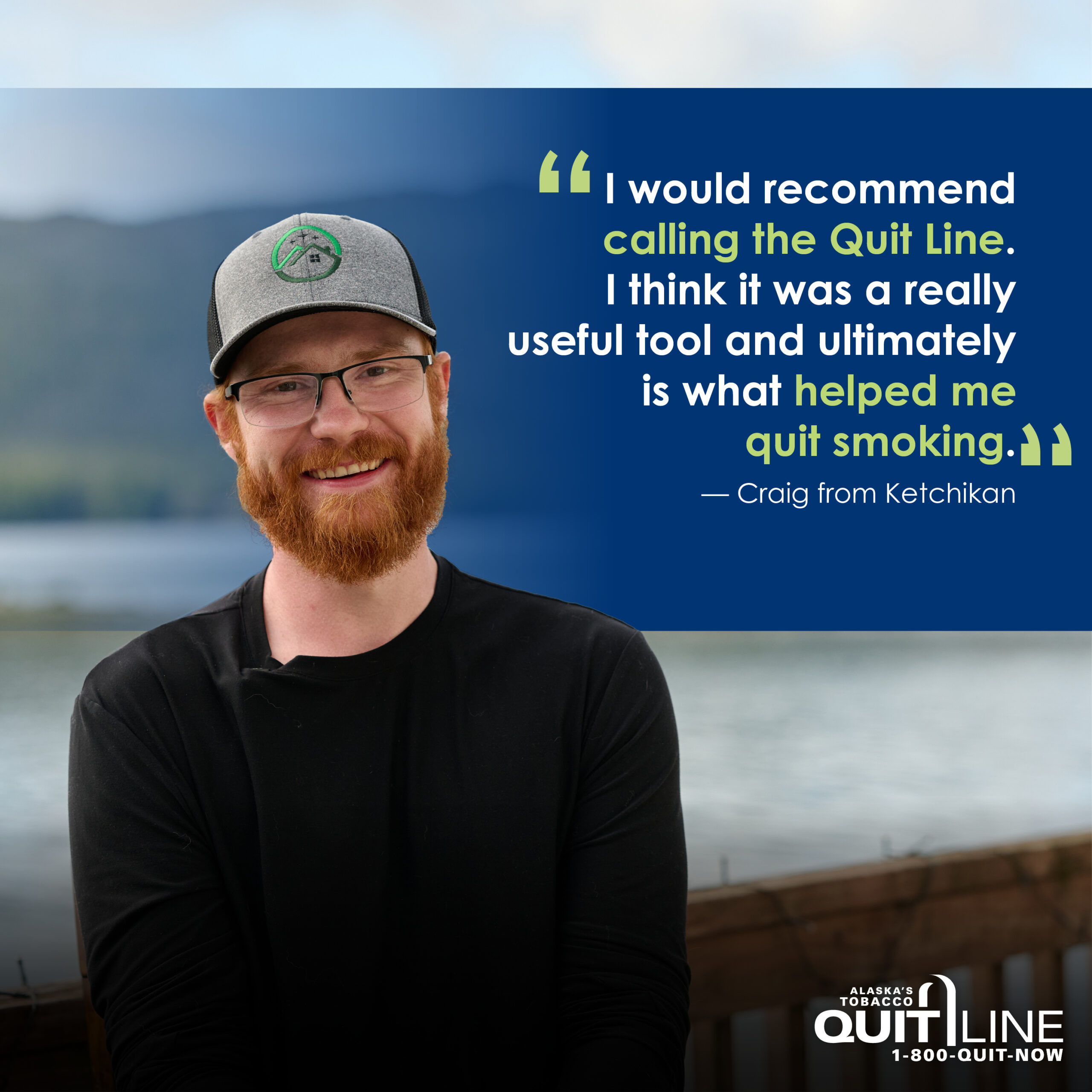 Craig smiling with the quote “I would recommend calling the Quit Line. I think it was a really useful tool and ultimately is what helped me quit smoking.”