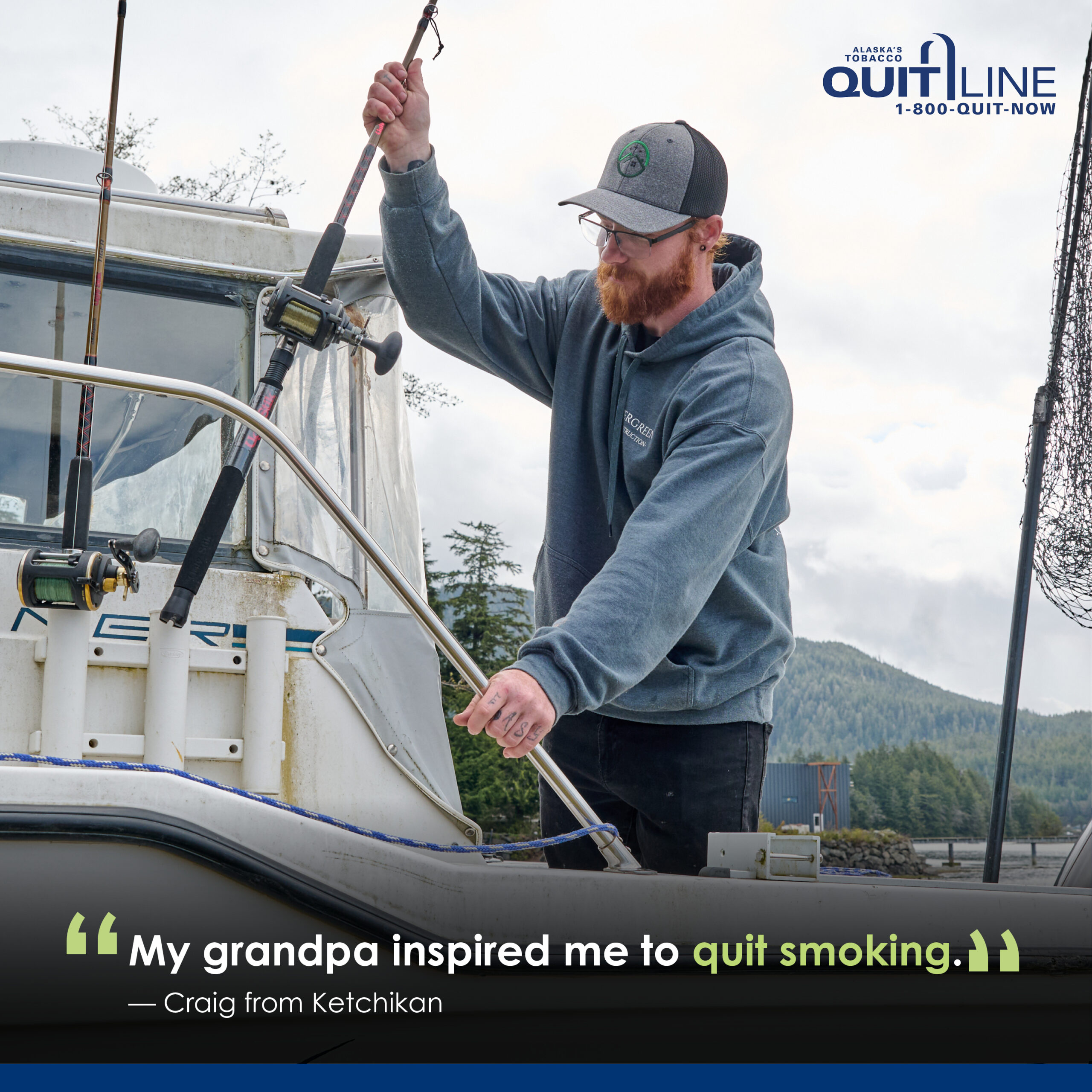 Craig on a boat putting a fishing rod in a rod holder with the words “My grandpa inspired me to quit smoking.”
