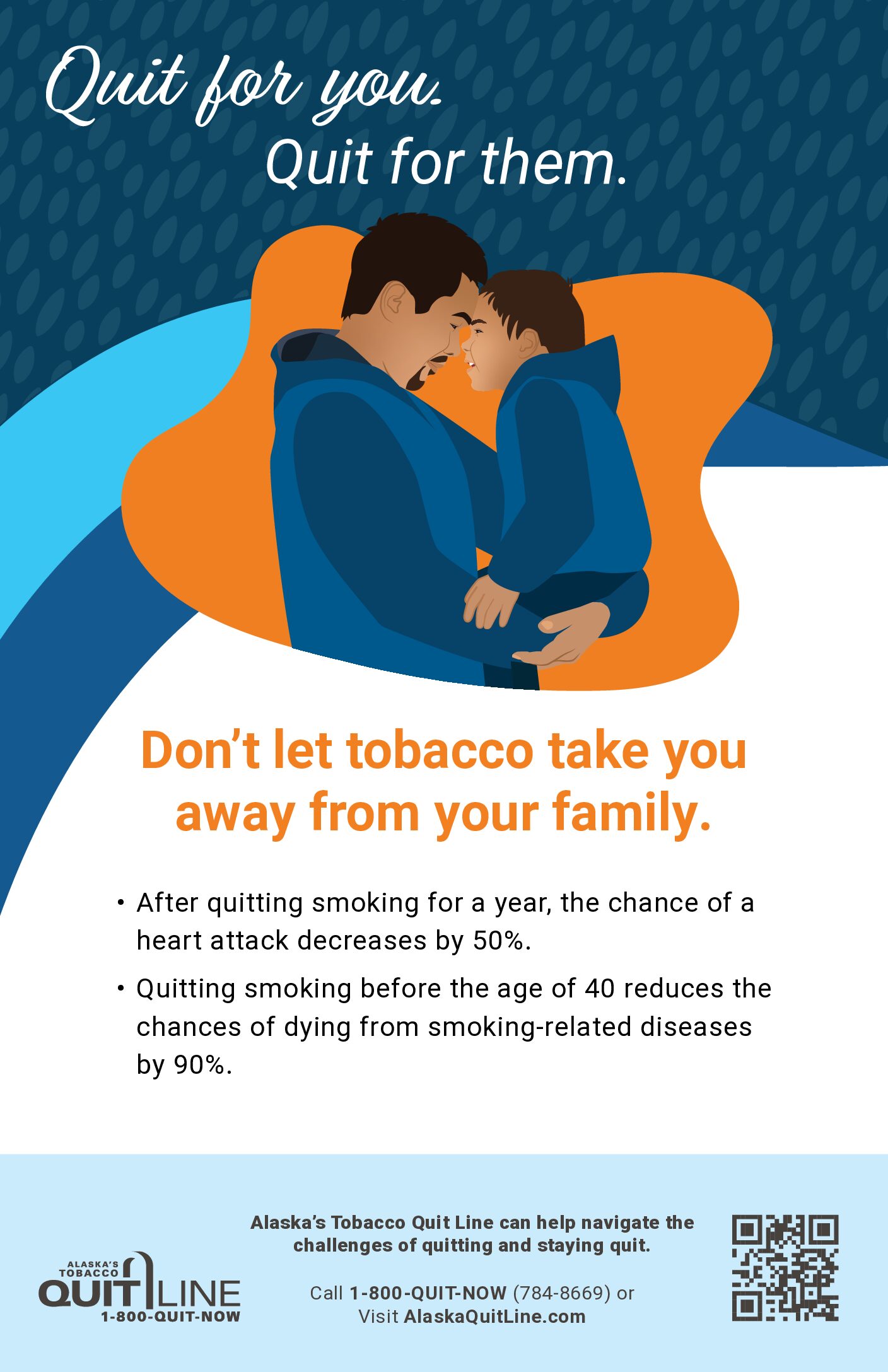 Poster with illustration of father holding child with the words: Quit for you. Quit for them. Don't let tobacco take you away from your family. Alaska's Tobacco Quit Line. 1-800-QUIT-NOW.