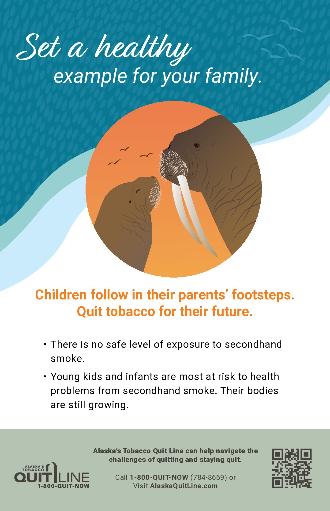 Poster with illustration of walrus adult and calf with the words: Set a health example for your family. Children follow in their parents' footsteps. Quit tobacco for their future. Alaska's Tobacco Quit Line. 1-800-QUIT-NOW.