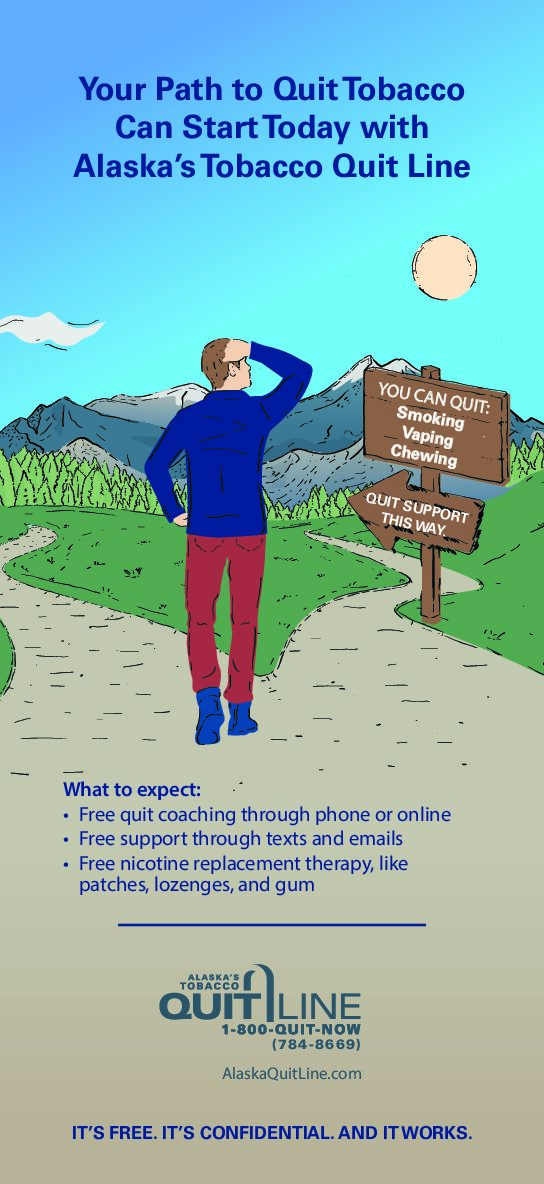Rack card-sized graphic with illustration of someone walking down a path with the words: Your path to quit tobacco can start today with Alaska's Tobacco Quit Line. 