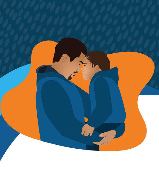 Illustration of a man holding his child, smiling at each other.
