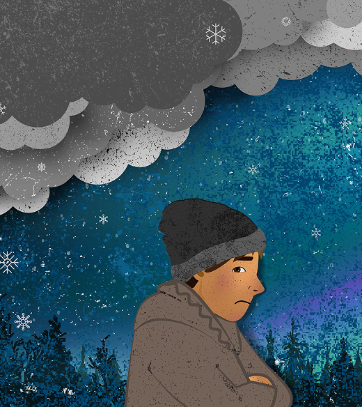 Illustration of a man outside, under a dark cloud cover.