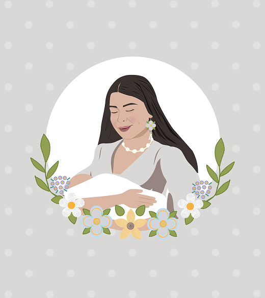 Illustration of a mother holding her baby above beaded flower designs.