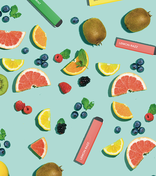 Images of fruits and colorful vapes against a teal background.