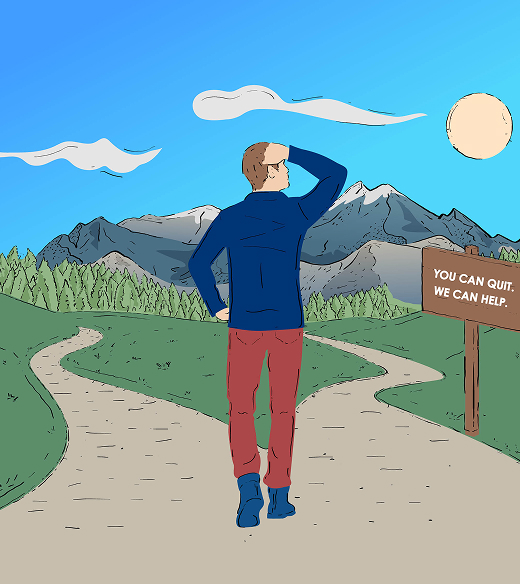 Illustration of a man walking towards a fork in the road. A sign to his right says, "You can quit. We can help."