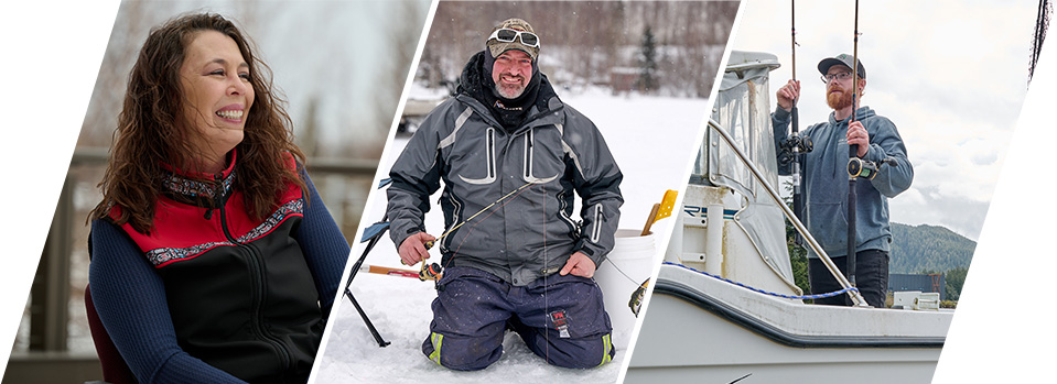 Photo collage of a woman smiling, a man ice fishing and a man holding fishing poles on a boat.