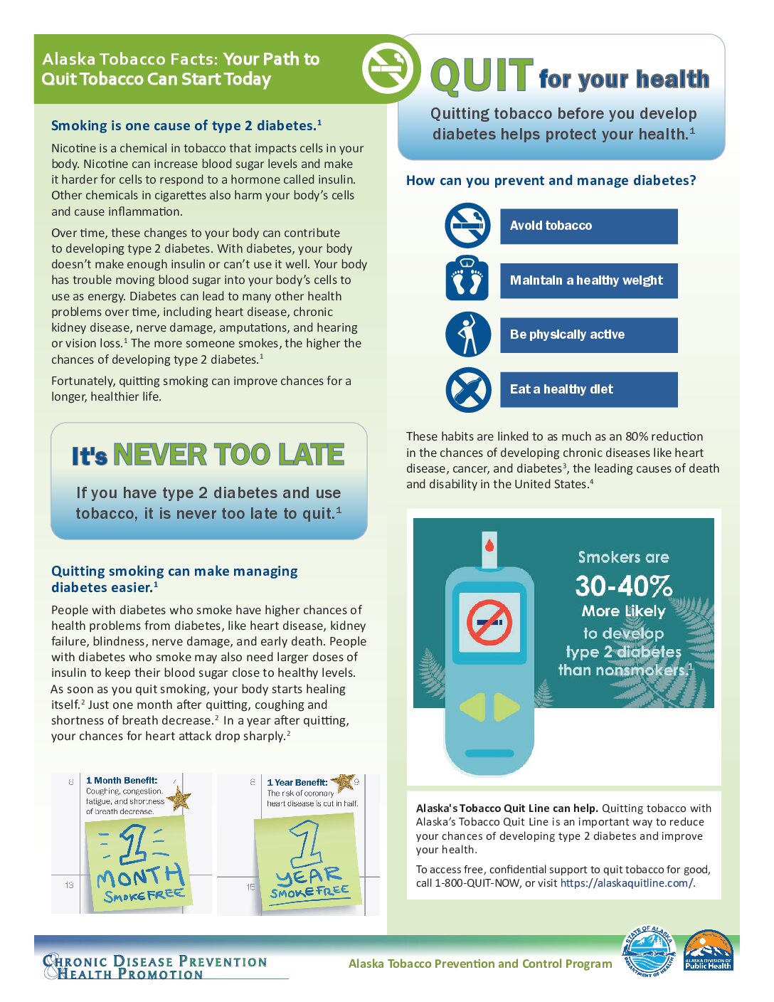 AK Tobacco Facts: Tobacco and Type 2 Diabetes: Quitting tobacco before you develop diabetes helps protect your health.